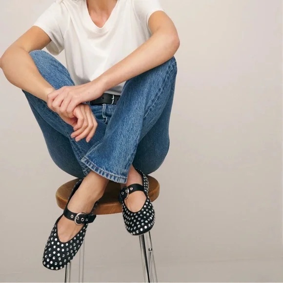 Reformation Bethany Ballet Flat in Black With Rhinestones - Picture 1 of 5